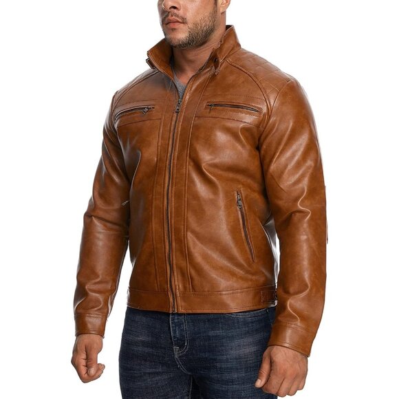 Men's Brown Stand Collar Faux Leather Bomber Motorcycle Jacket with Zipper - Picture 3 of 7